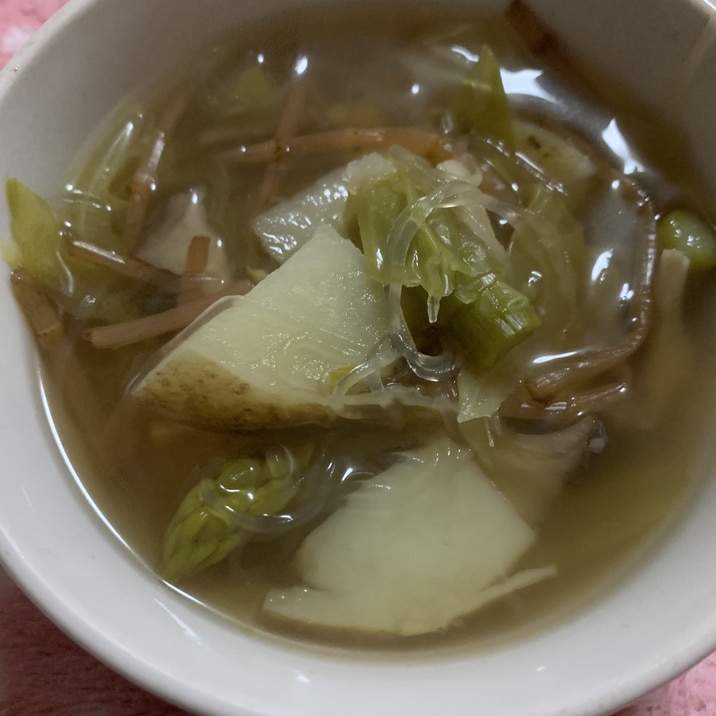 春のアスパラとジャガイモの中華風春雨スープ
